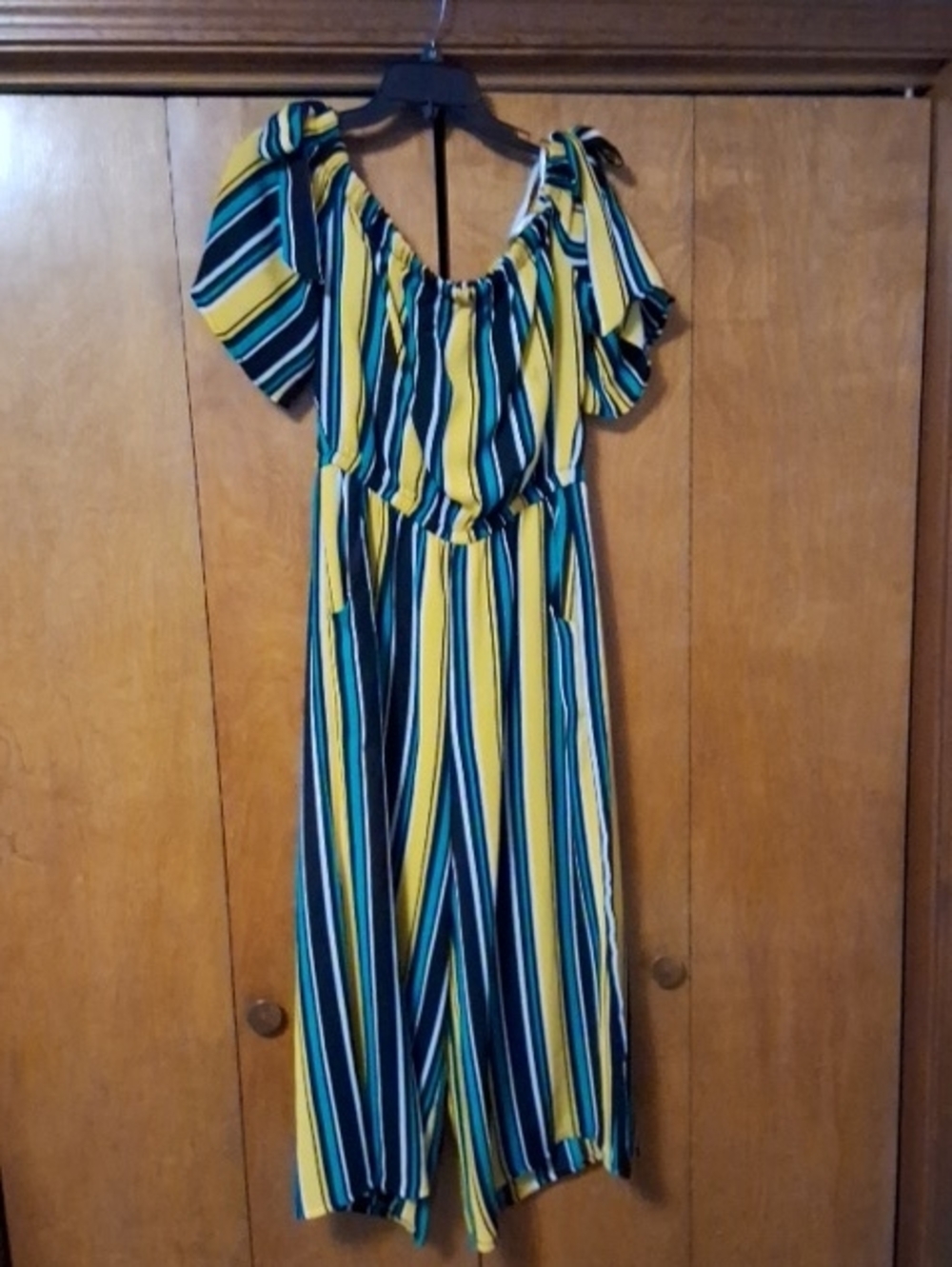 AUW Yellow and Green Striped Off-Shoulder Jumpsuit